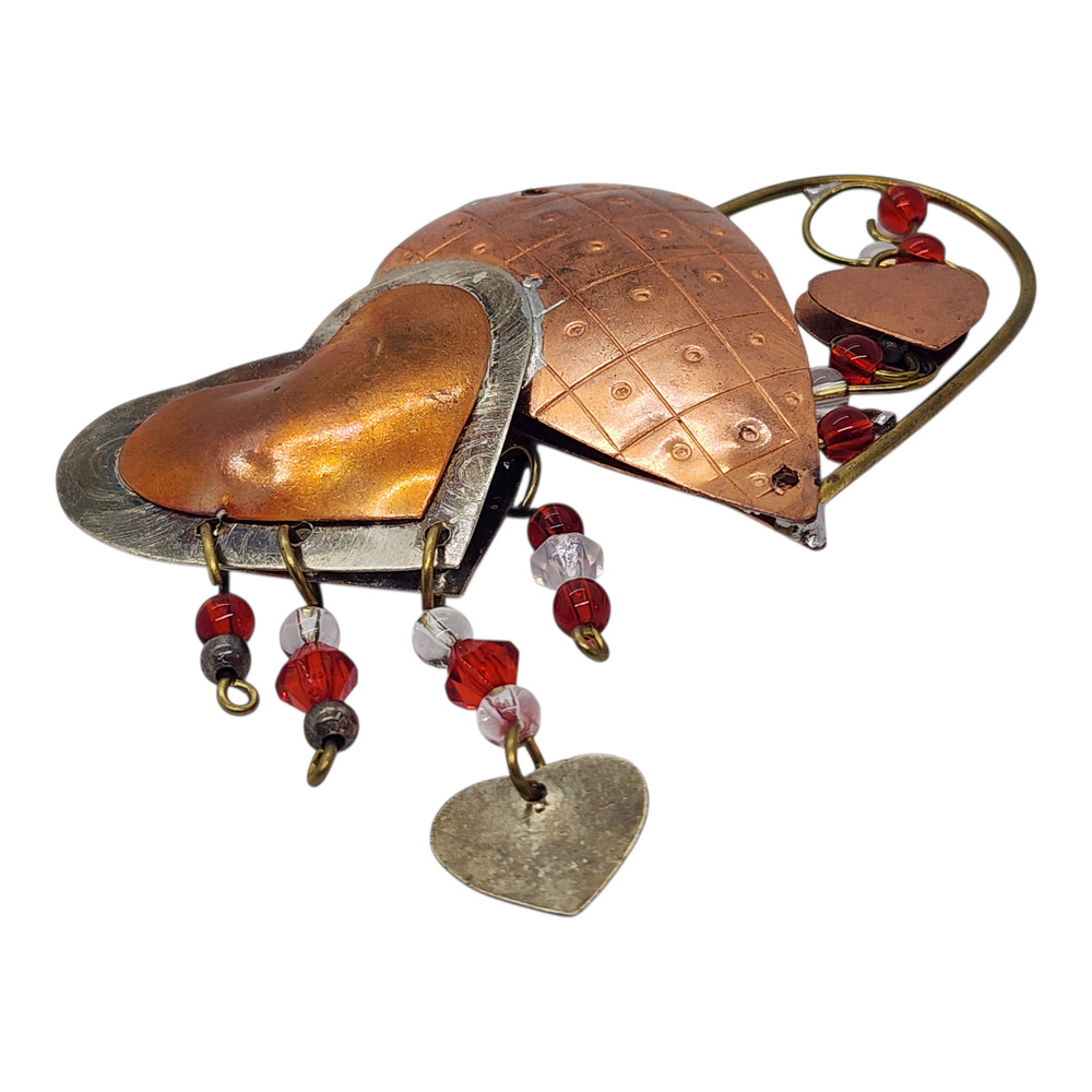 Vintage BIG Multi Puffy Heart Dangle Brooch Pin Red Beads Mixed Metal Handmade - Picture 2 of 6